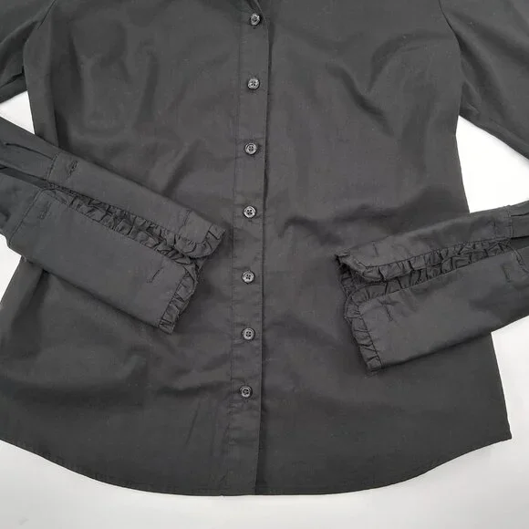 Tahari Black Button Front Shirt French Cuffs Pick Stitch Tailored Stretch SZ M - Picture 6 of 13